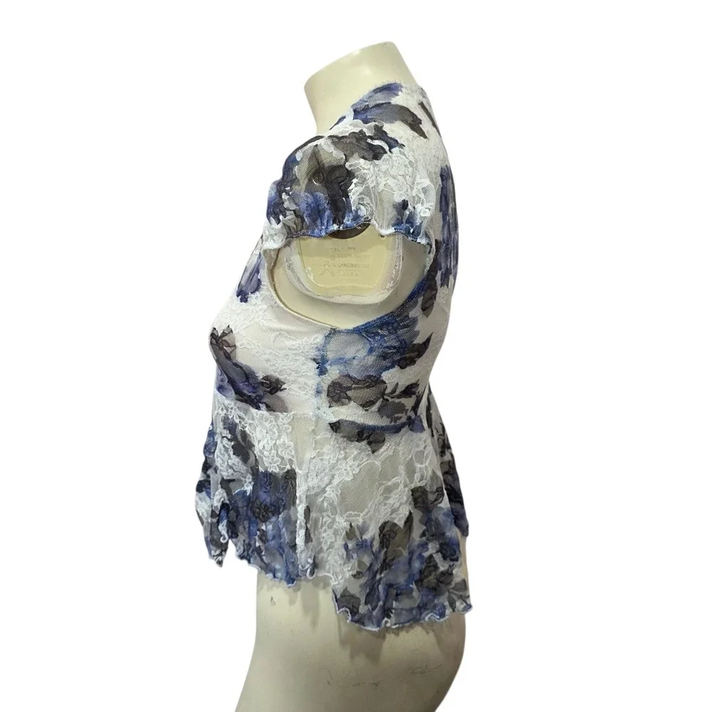 Floral Lace Mesh Peplum Top Blue White Sheer Cap Sleeve Y2K Coquette M Medium